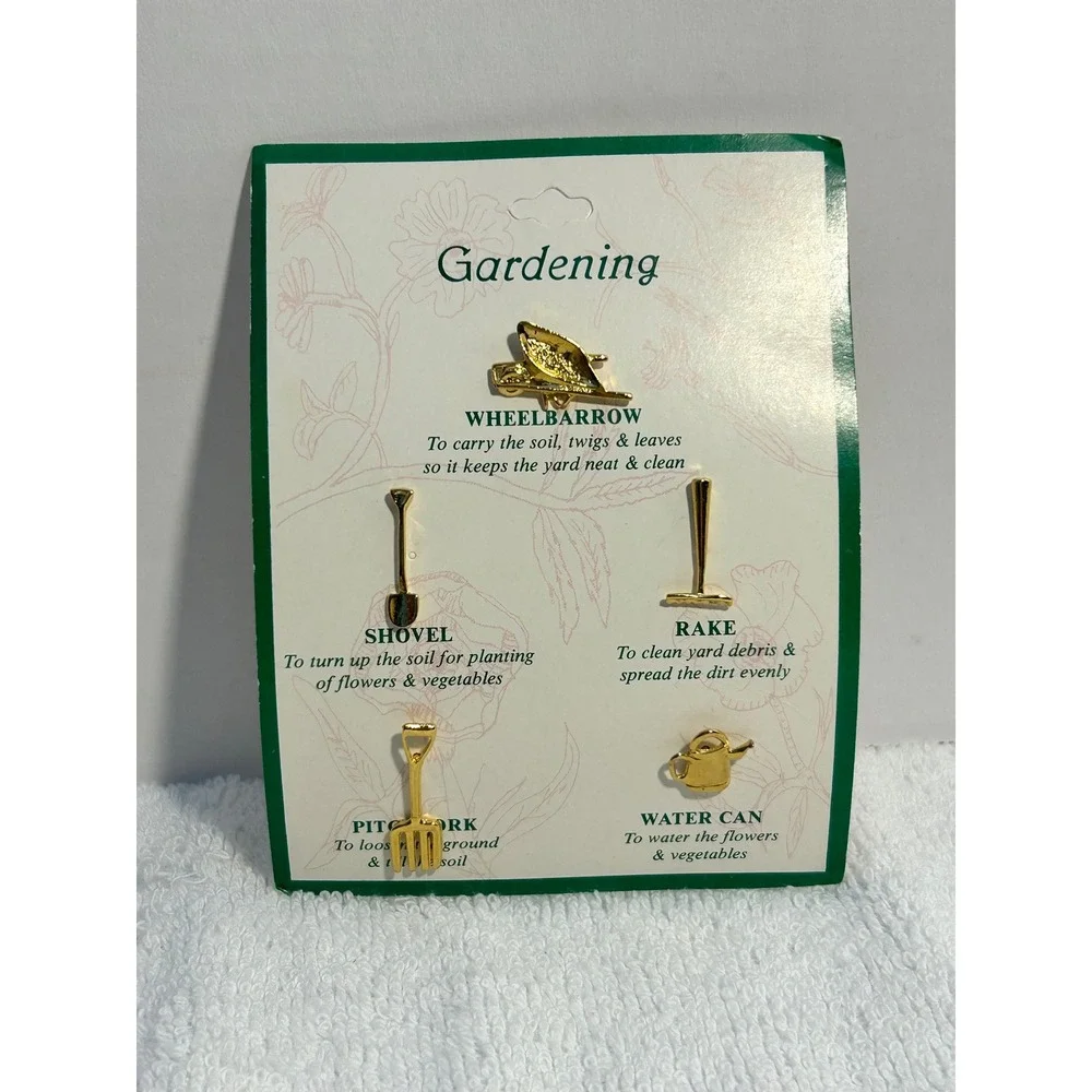 Gold Tone Gardening Tool Lapel Pin Set 5pc Wheelbarrow Shovel Rake Watering Can - Picture 2 of 4